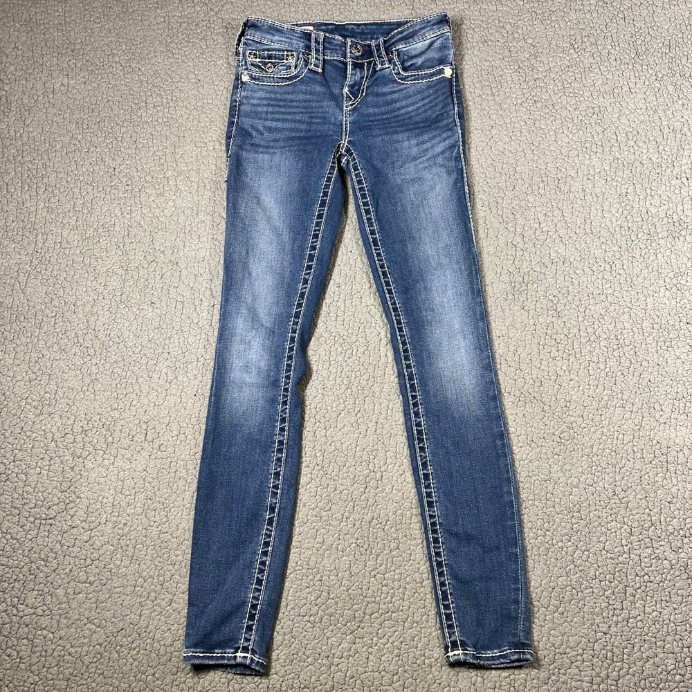 True Religion Halle Mid Rise Super Skinny Jeans Blue Contrast Stitch Size 25